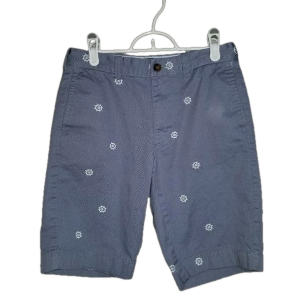 J. Crew Mens Rivington Flat Front Shorts Ship Wheel Graphic Labels Reads Size 29